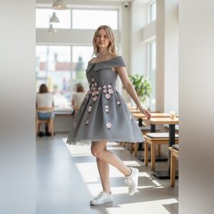 Off the Shoulder, Gray fitted Dress with flowing A line & Pink Rosettes.
